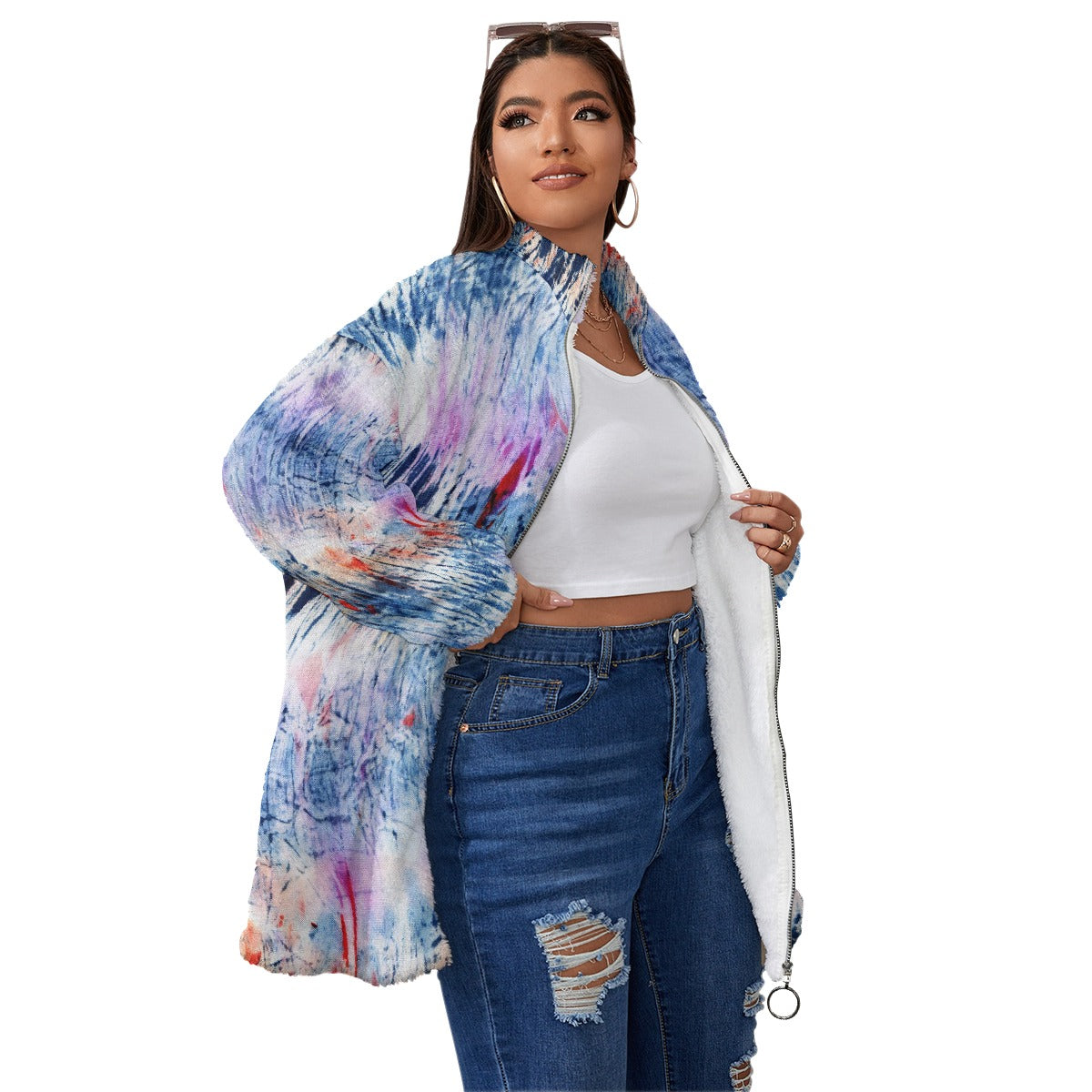 All-Over Print Unisex Borg Fleece Stand-up Collar Coat With Zipper Closure(Plus Size)