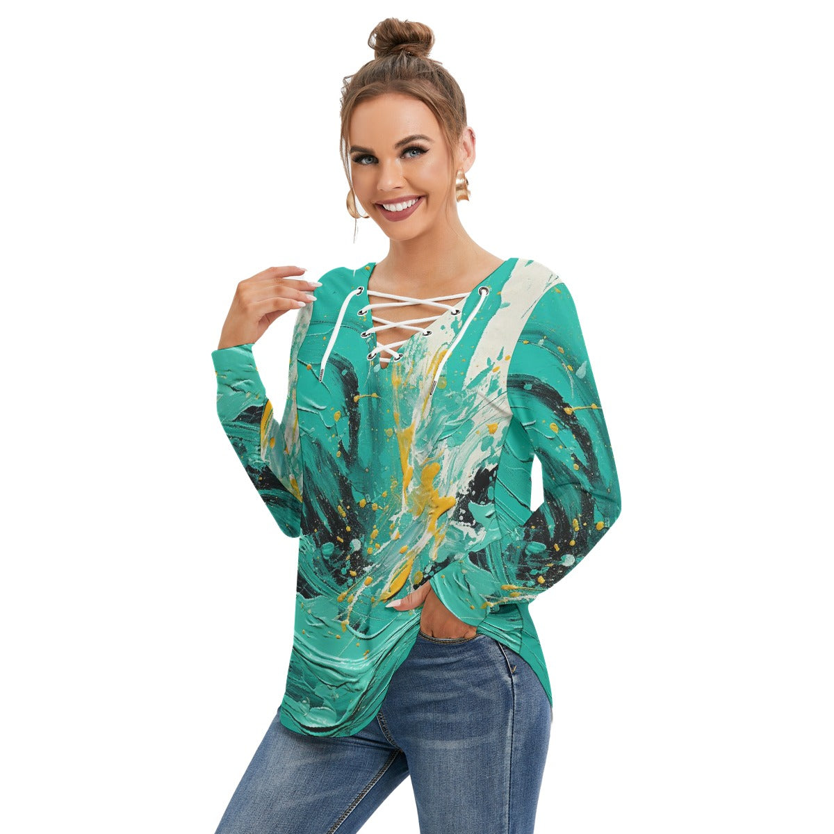 All-Over Print Women's Long Sleeve Neckline Tie Sweatshirt