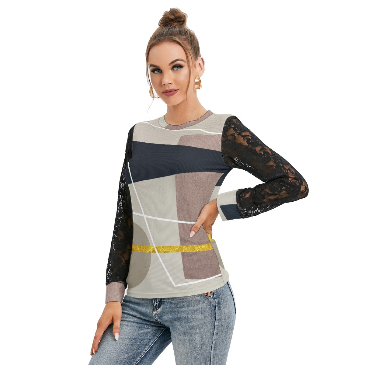 All-Over Print Women's T-shirt And Sleeve With Black Lace