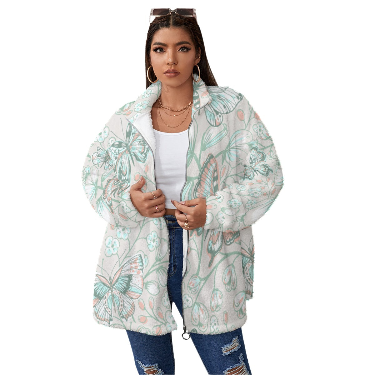 All-Over Print Unisex Borg Fleece Stand-up Collar Coat With Zipper Closure(Plus Size)