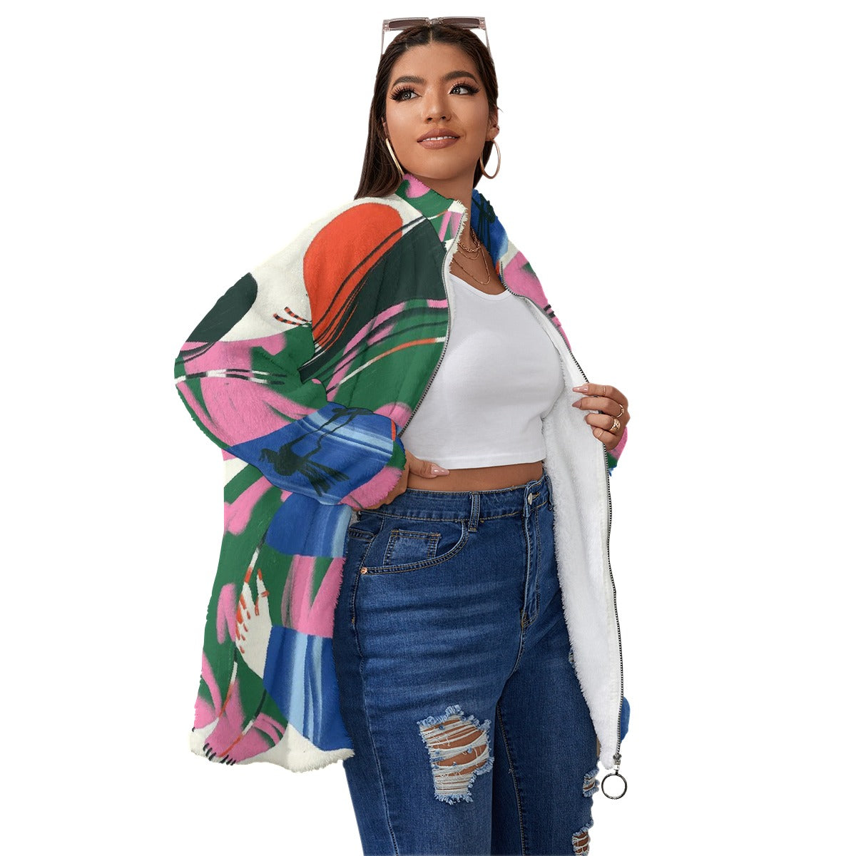 All-Over Print Unisex Borg Fleece Stand-up Collar Coat With Zipper Closure(Plus Size)