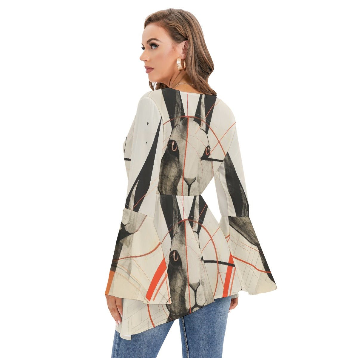 All-Over Print Women's V-neck Blouse With Flared Sleeves