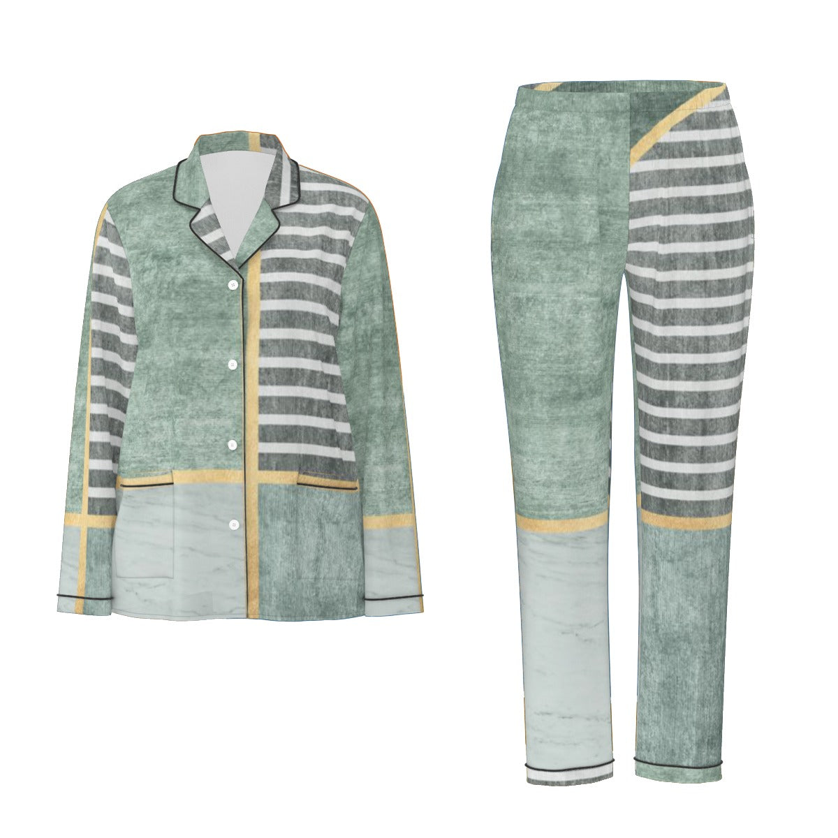 All-Over Print Women's Long Sleeve Pajama Set With Black Contrast Piping