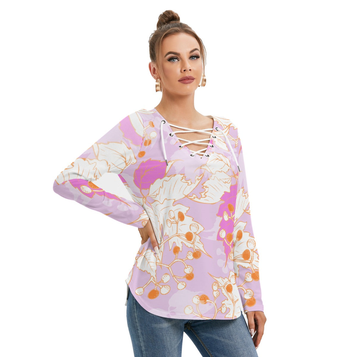 All-Over Print Women's Long Sleeve Neckline Tie Sweatshirt