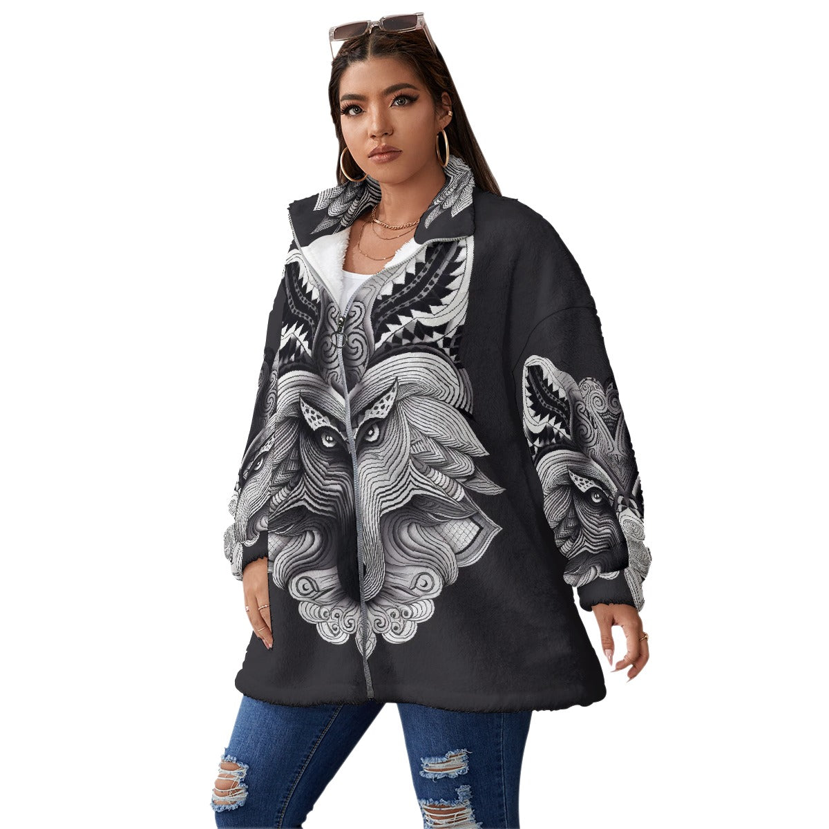 All-Over Print Unisex Borg Fleece Stand-up Collar Coat With Zipper Closure(Plus Size)