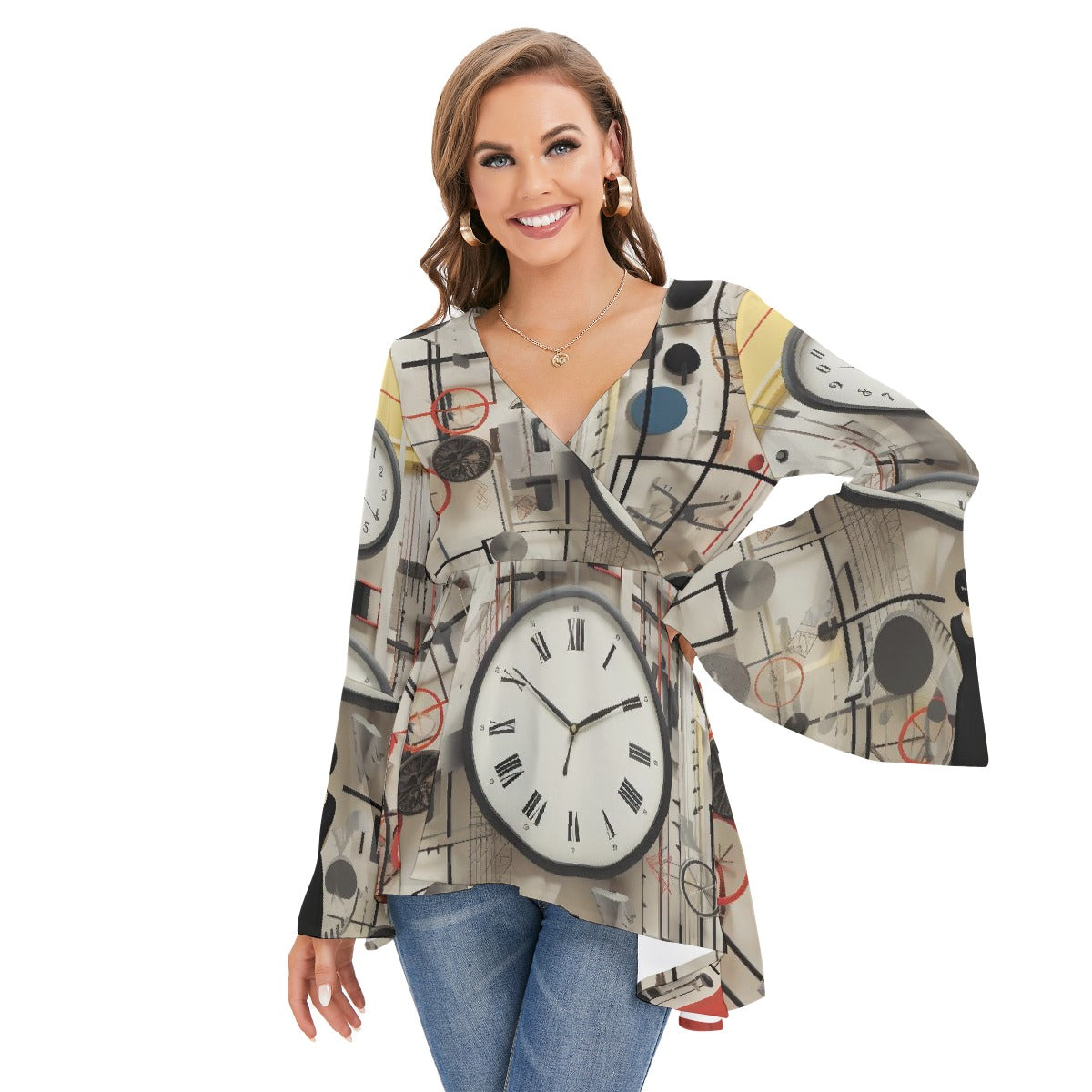 All-Over Print Women's V-neck Blouse With Flared Sleeves