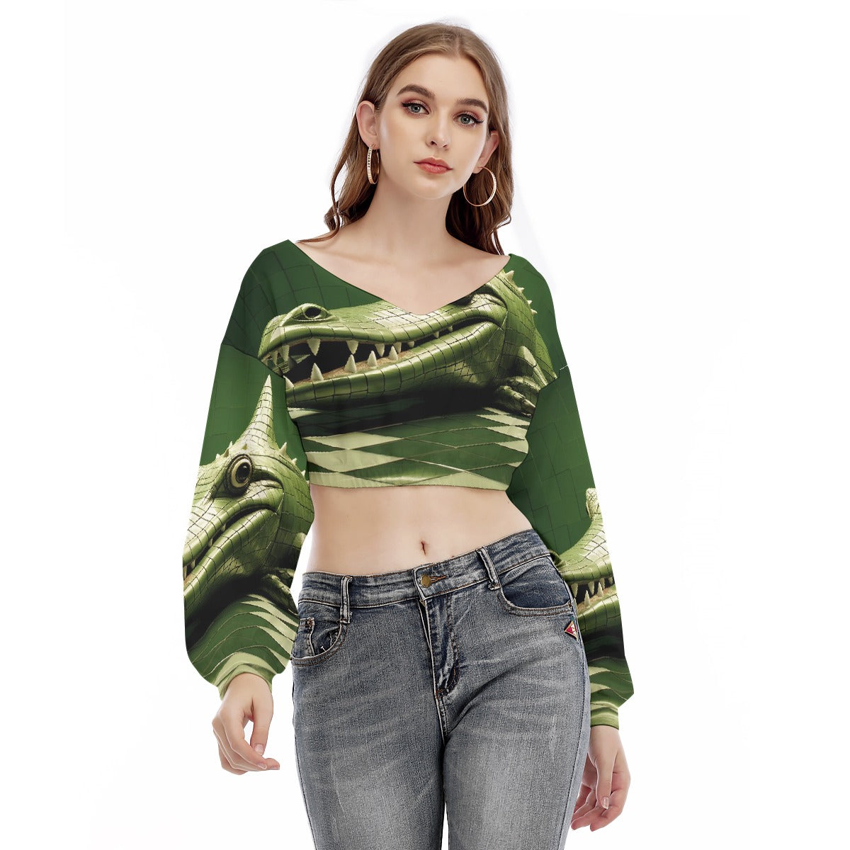 All-Over Print Women's V-neck Long Sleeve Cropped Sweatshirt