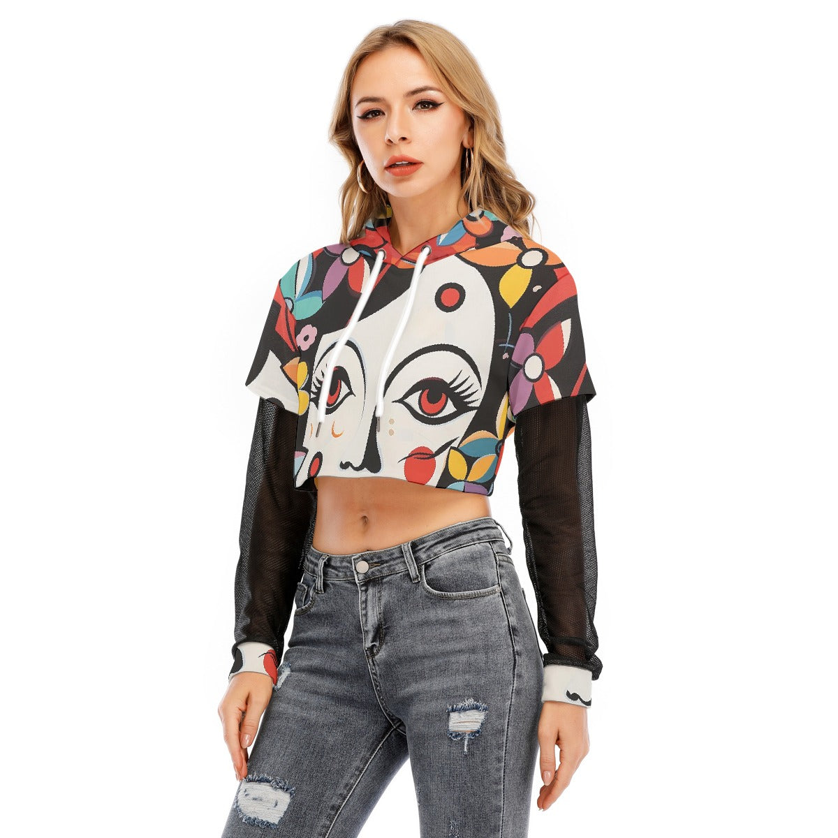 All-Over Print Women's Fake Two-piece Mesh Sleeve Cropped Hoodie