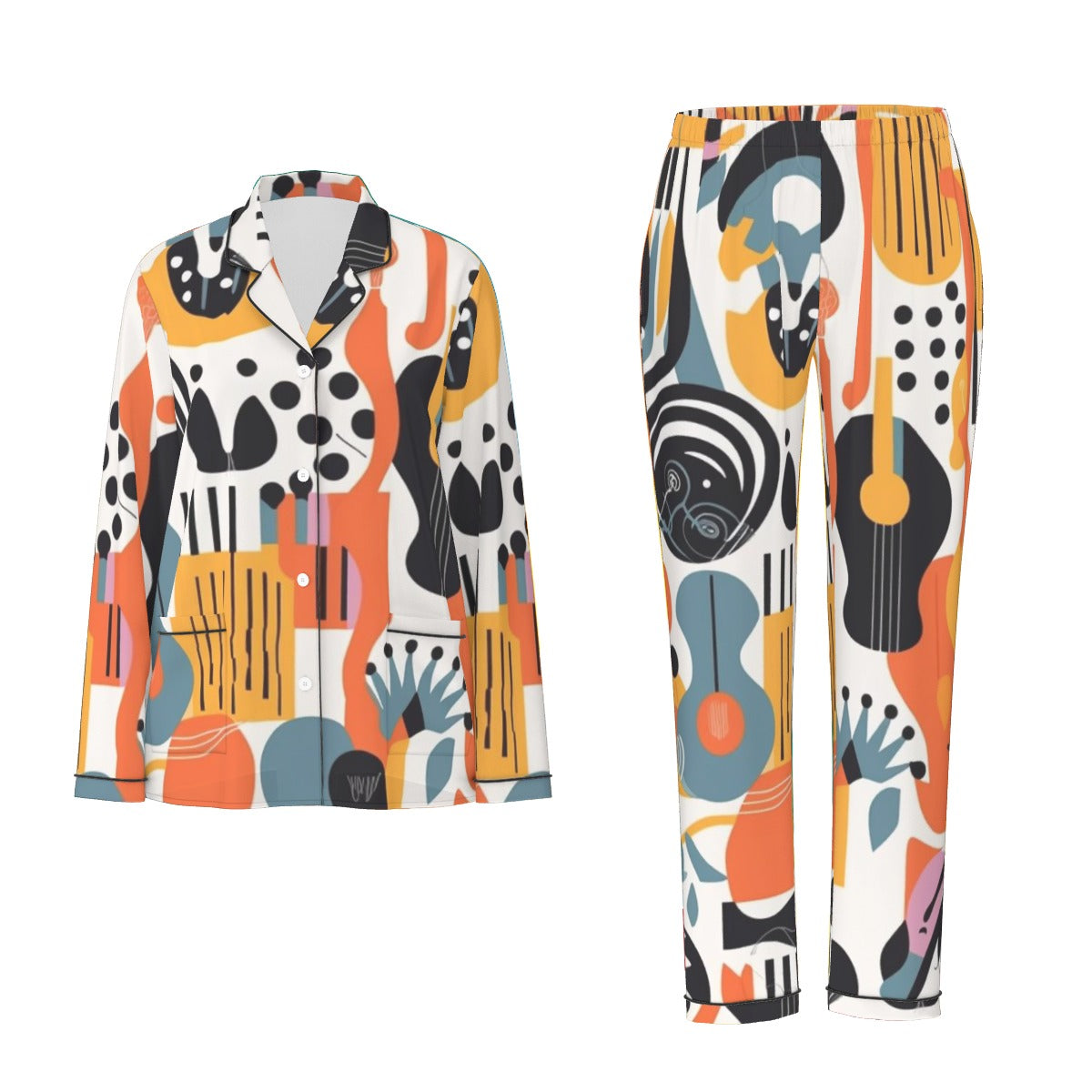 All-Over Print Women's Long Sleeve Pajama Set With Black Contrast Piping