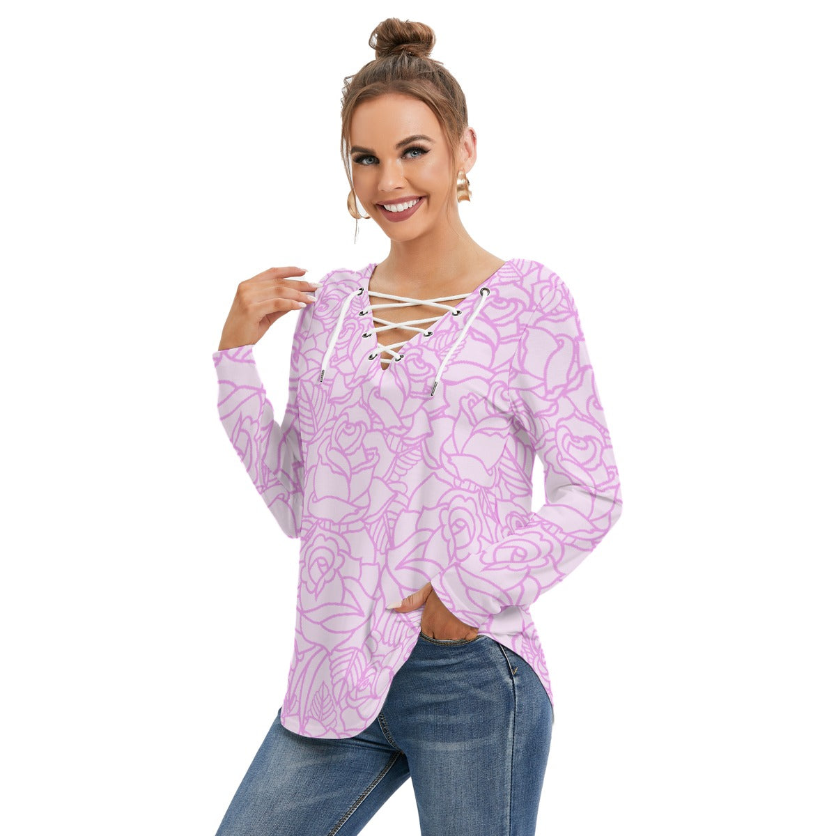 All-Over Print Women's Long Sleeve Neckline Tie Sweatshirt