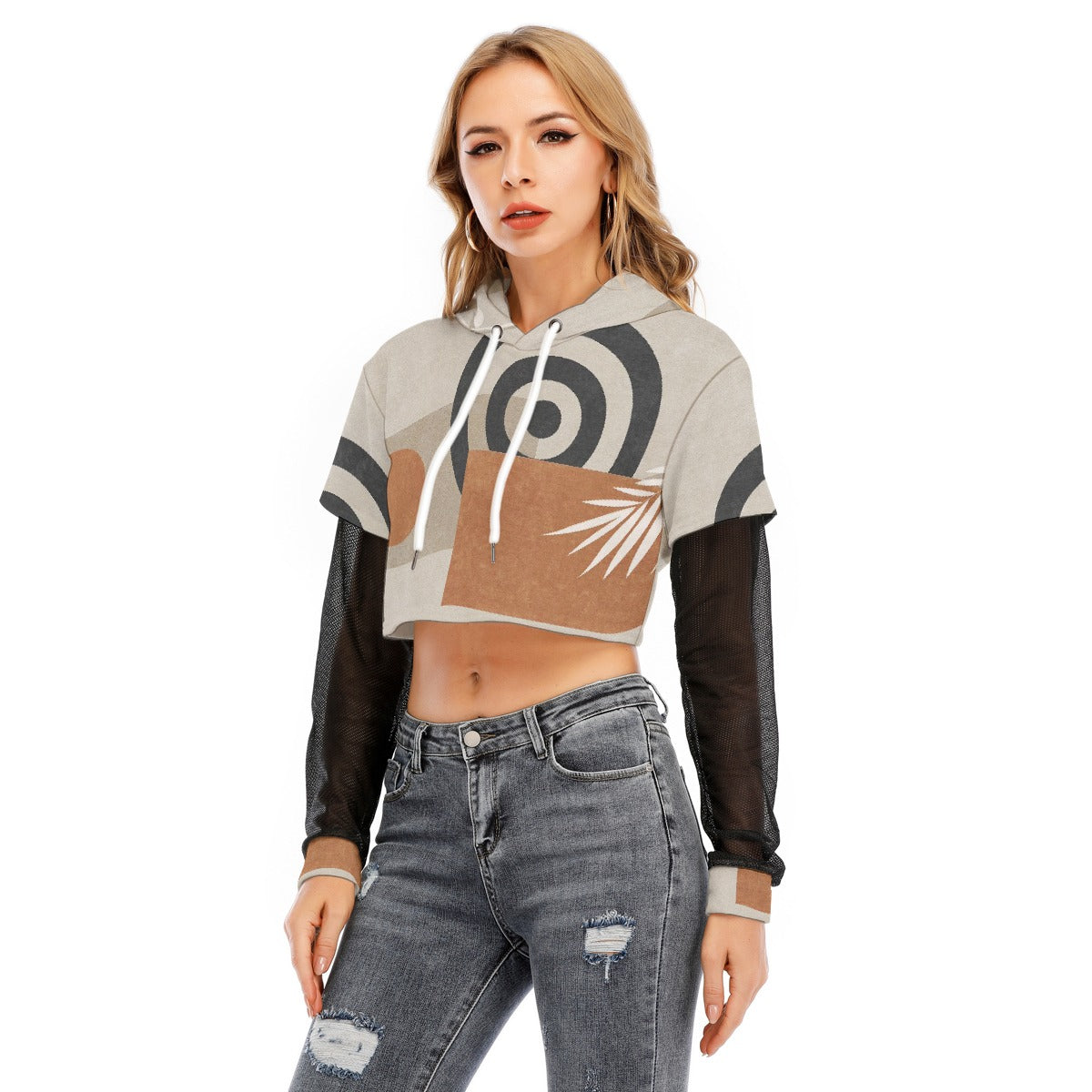 All-Over Print Women's Fake Two-piece Mesh Sleeve Cropped Hoodie