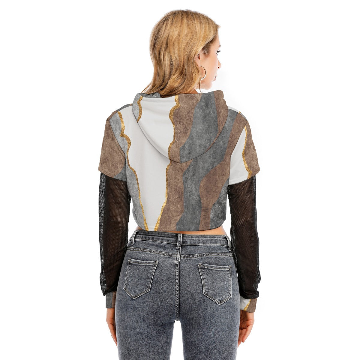 All-Over Print Women's Fake Two-piece Mesh Sleeve Cropped Hoodie