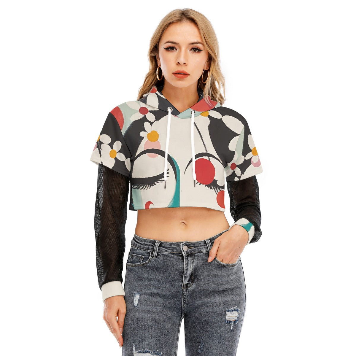 All-Over Print Women's Fake Two-piece Mesh Sleeve Cropped Hoodie
