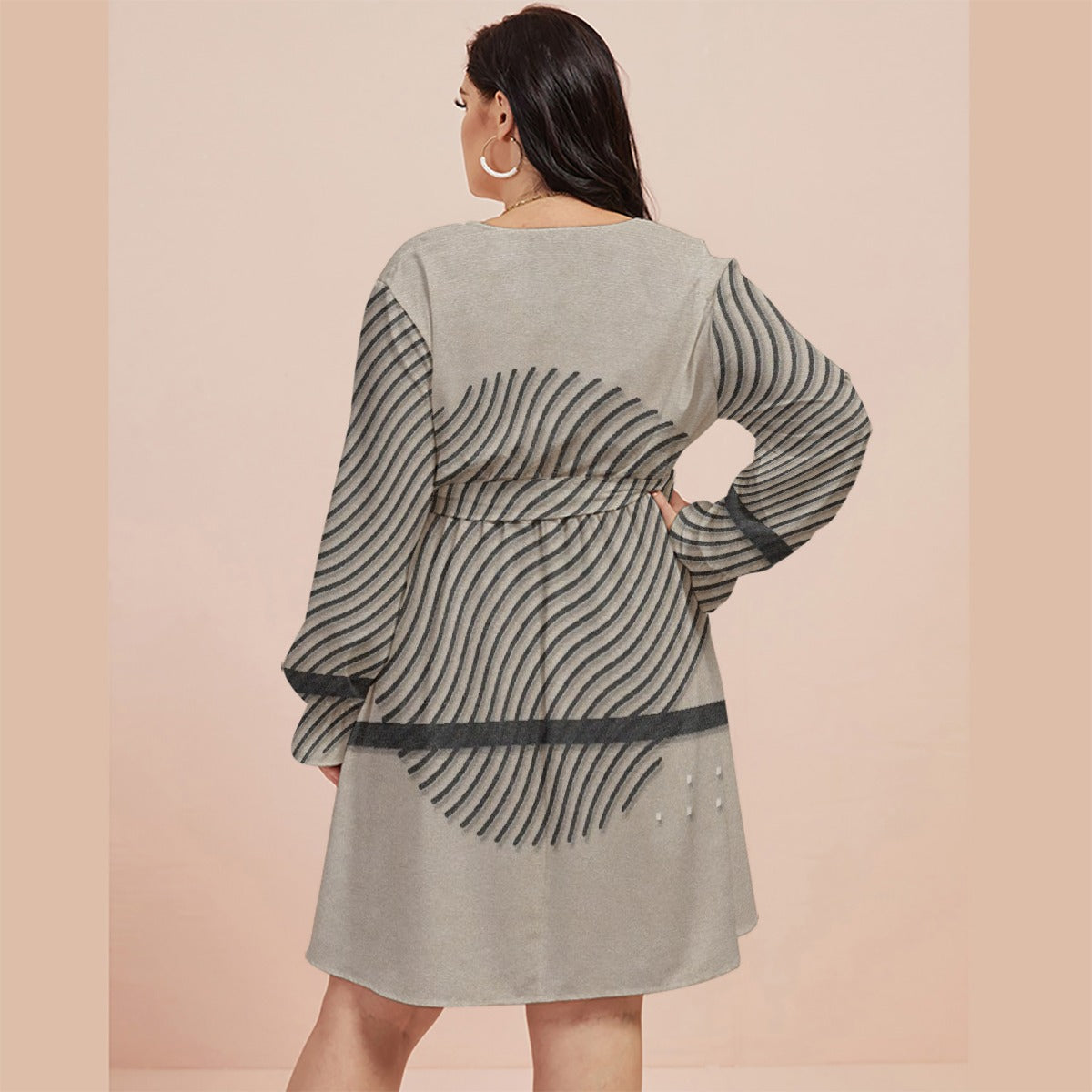 All-Over Print Women's V-neck Dress With Waistband(Plus Size)