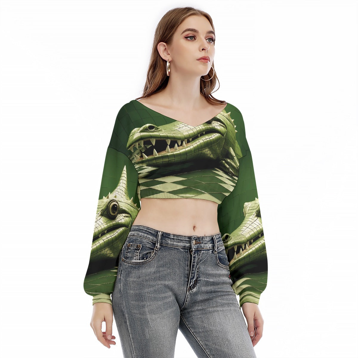 All-Over Print Women's V-neck Long Sleeve Cropped Sweatshirt