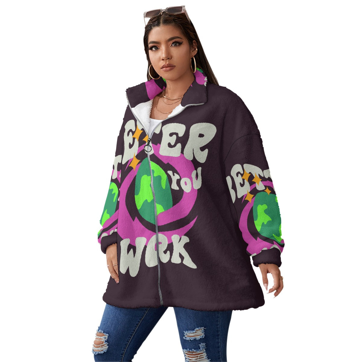 All-Over Print Unisex Borg Fleece Stand-up Collar Coat With Zipper Closure(Plus Size)
