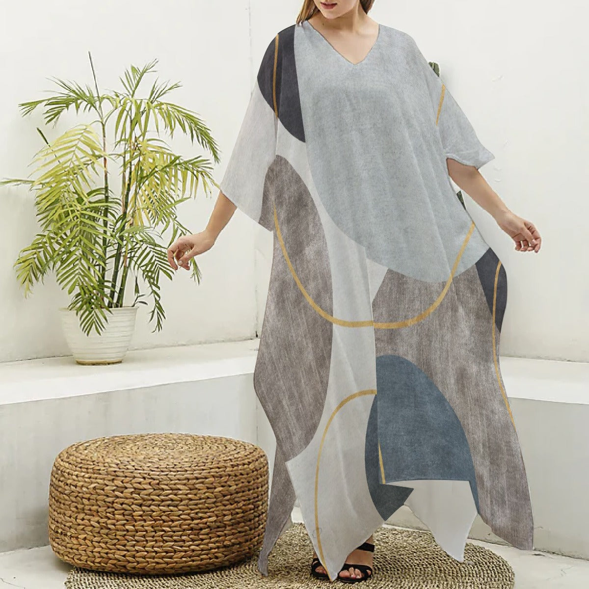 All-Over Print Women's Imitation Silk V-neck Kaftan Robe