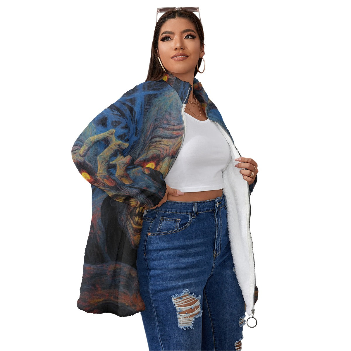 All-Over Print Unisex Borg Fleece Stand-up Collar Coat With Zipper Closure(Plus Size)