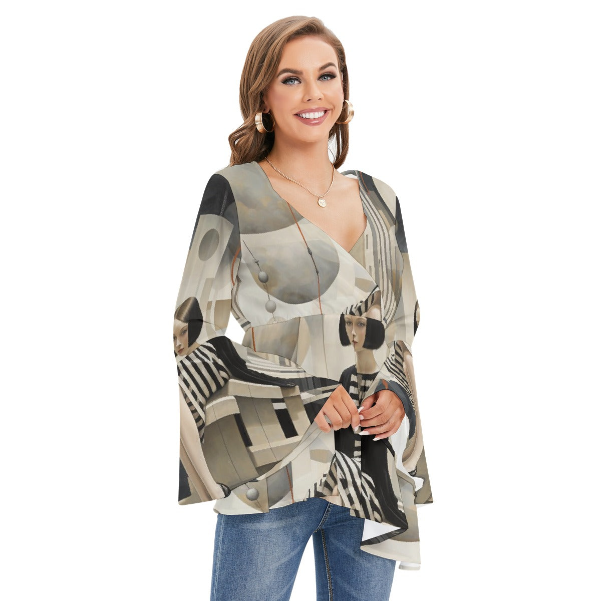 All-Over Print Women's V-neck Blouse With Flared Sleeves