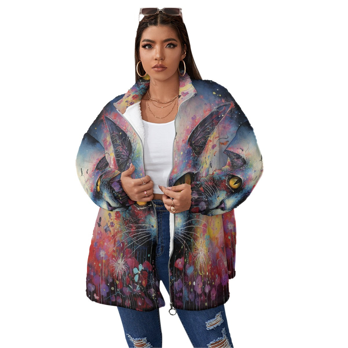 All-Over Print Unisex Borg Fleece Stand-up Collar Coat With Zipper Closure(Plus Size)