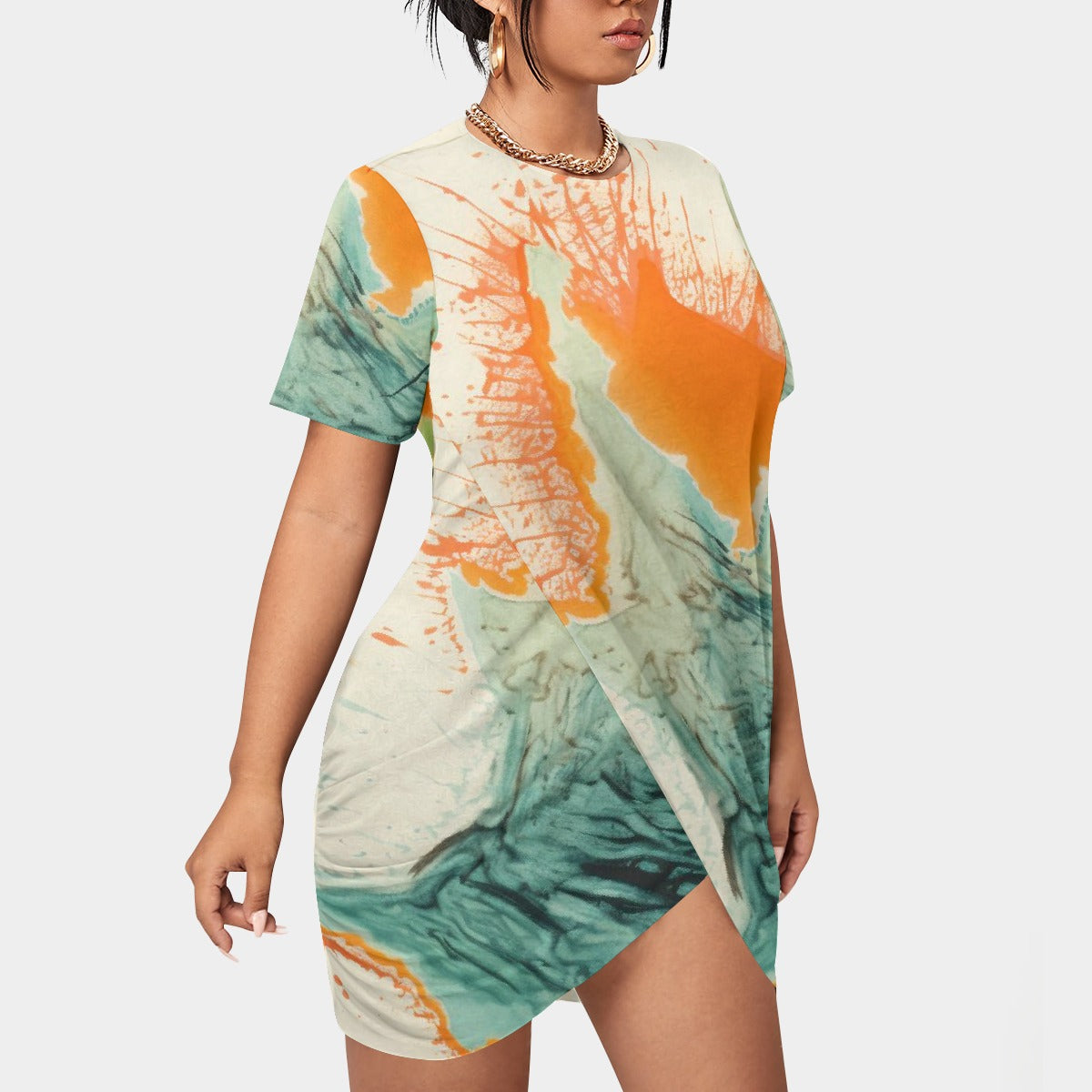 All-Over Print Women’s Stacked Hem Dress With Short Sleeve（Plus Size）