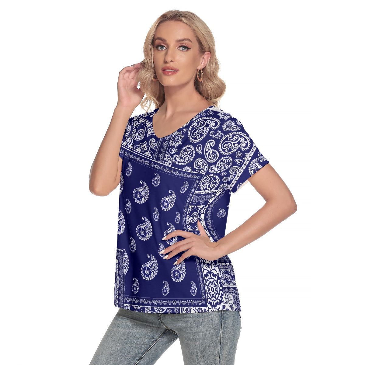 All-Over Print Women's Loose V-neck Short Sleeve T-shirt
