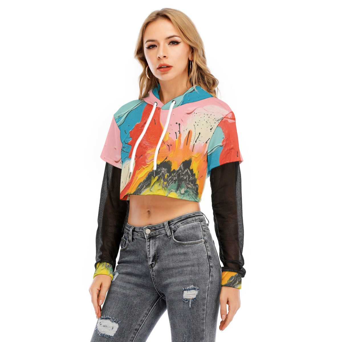All-Over Print Women's Fake Two-piece Mesh Sleeve Cropped Hoodie