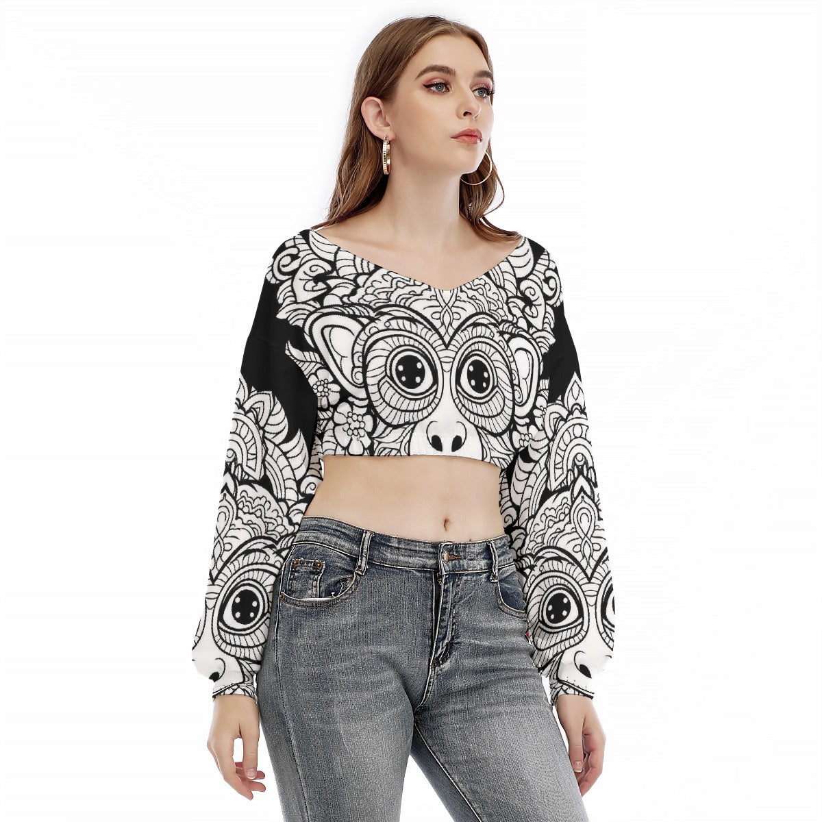 All-Over Print Women's V-neck Long Sleeve Cropped Sweatshirt