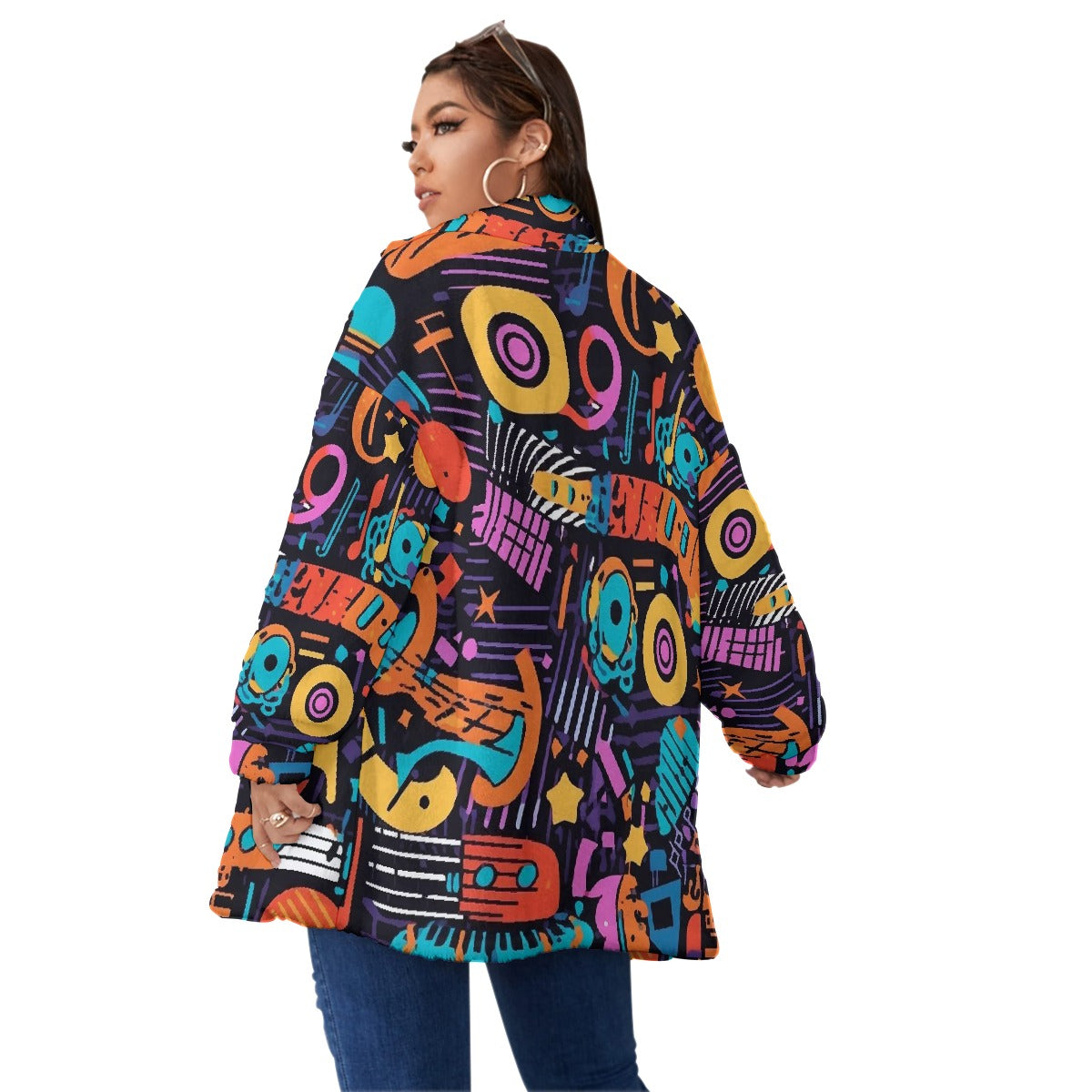 All-Over Print Unisex Borg Fleece Stand-up Collar Coat With Zipper Closure(Plus Size)