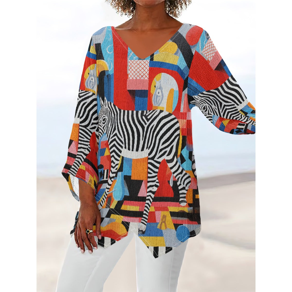All-Over Print Women's V-neck T-shirt With Irregular Hem