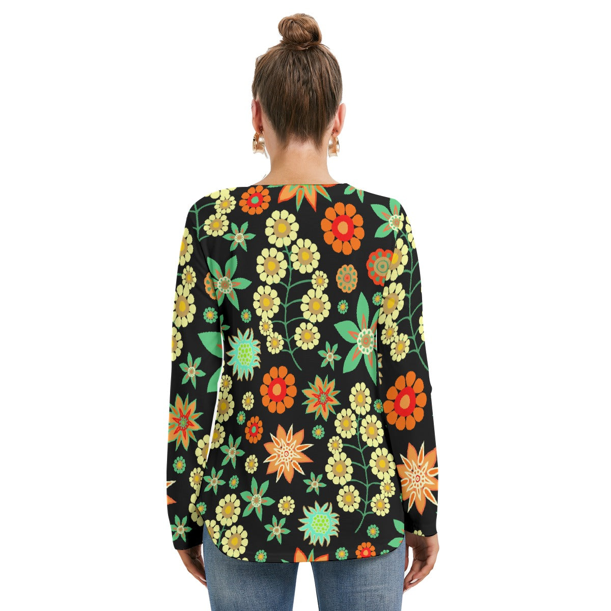 All-Over Print Women's Long Sleeve Neckline Tie Sweatshirt