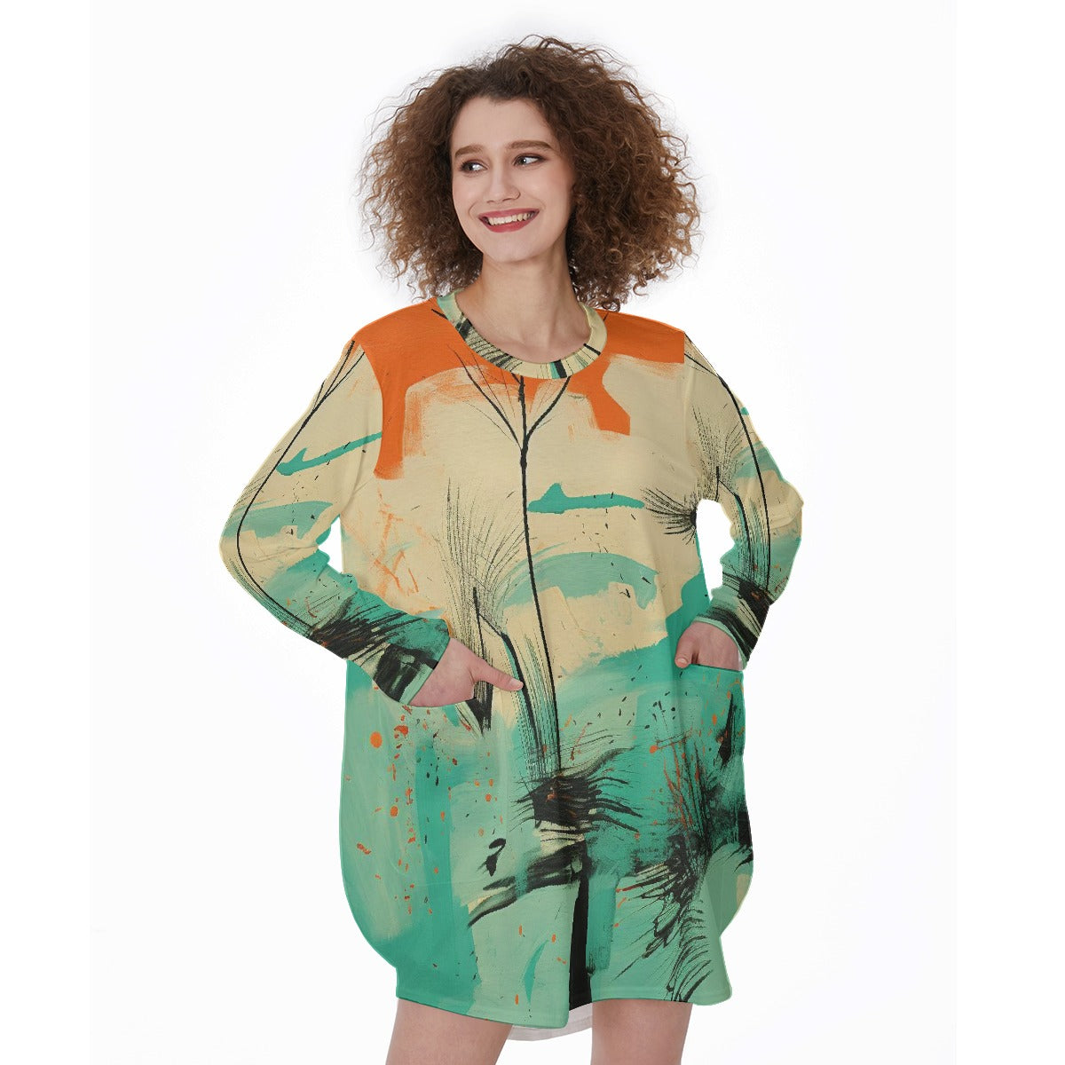 All-Over Print Women's Casual Loose Long Sleeve Dress With Pocket