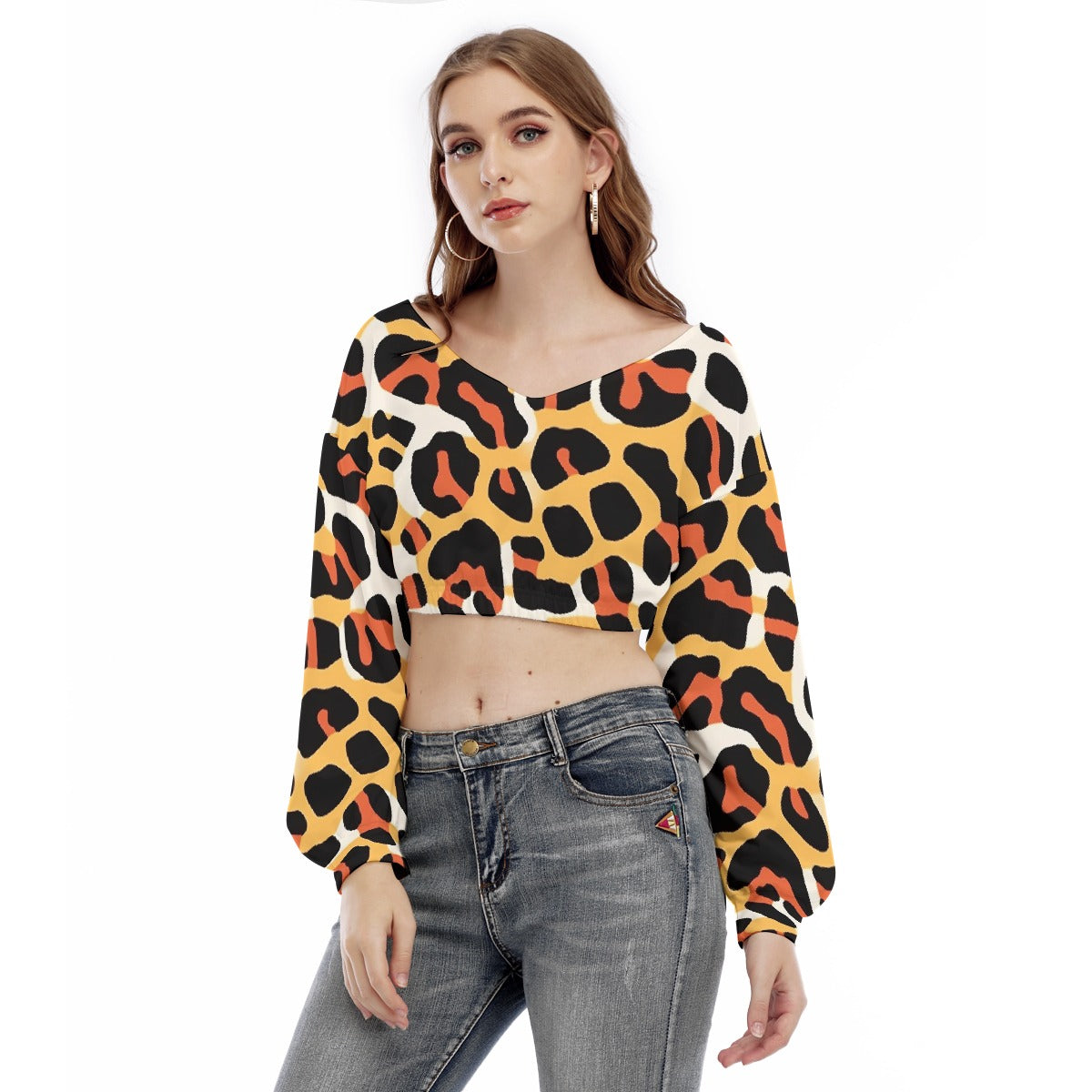 All-Over Print Women's V-neck Long Sleeve Cropped Sweatshirt