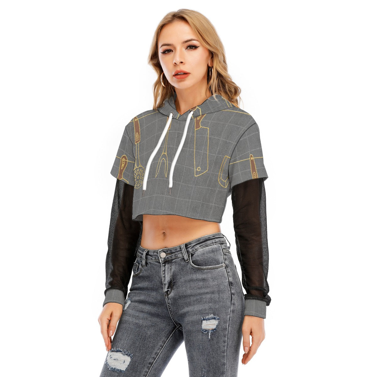 All-Over Print Women's Fake Two-piece Mesh Sleeve Cropped Hoodie