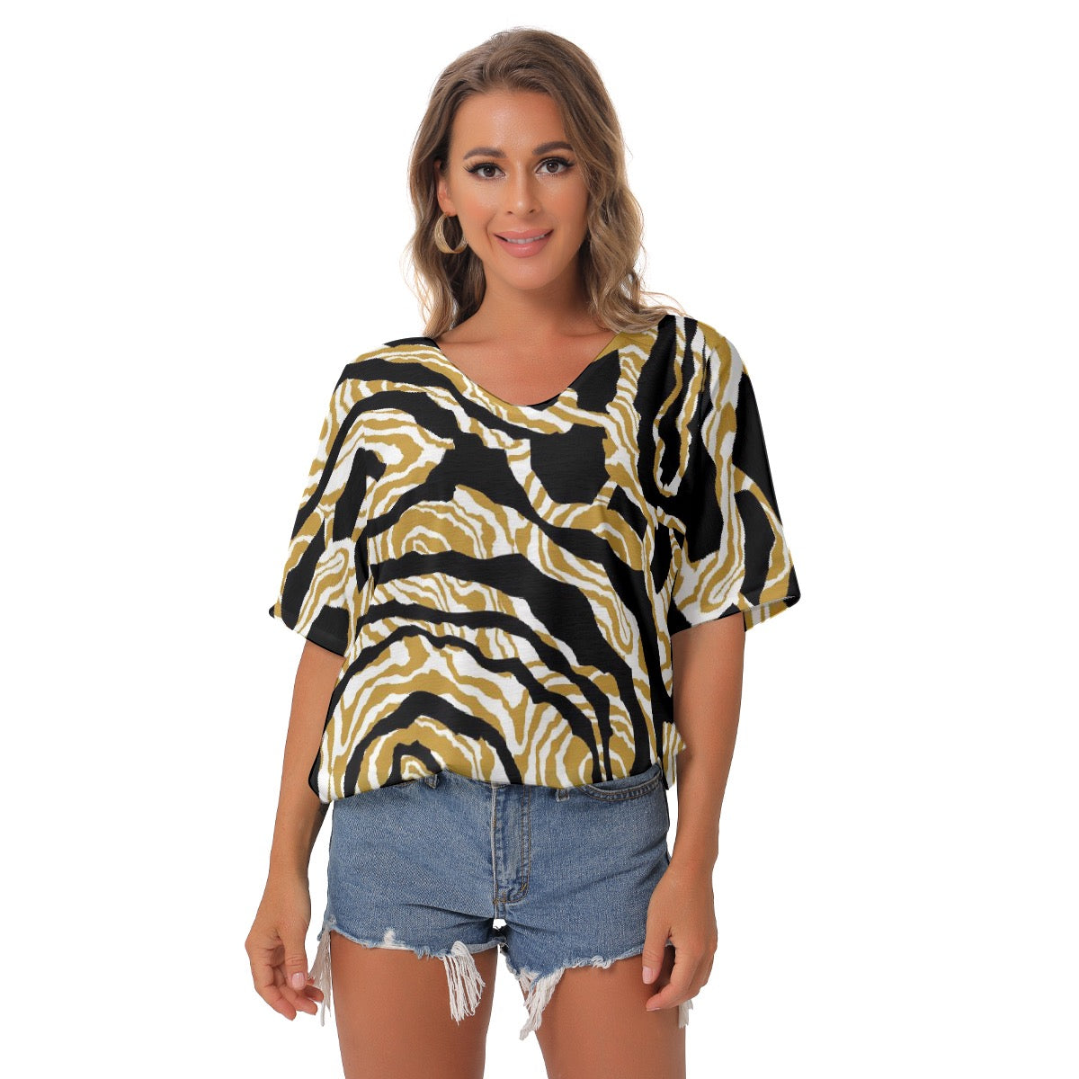 All-Over Print Women's Bat Sleeves V-Neck Blouse
