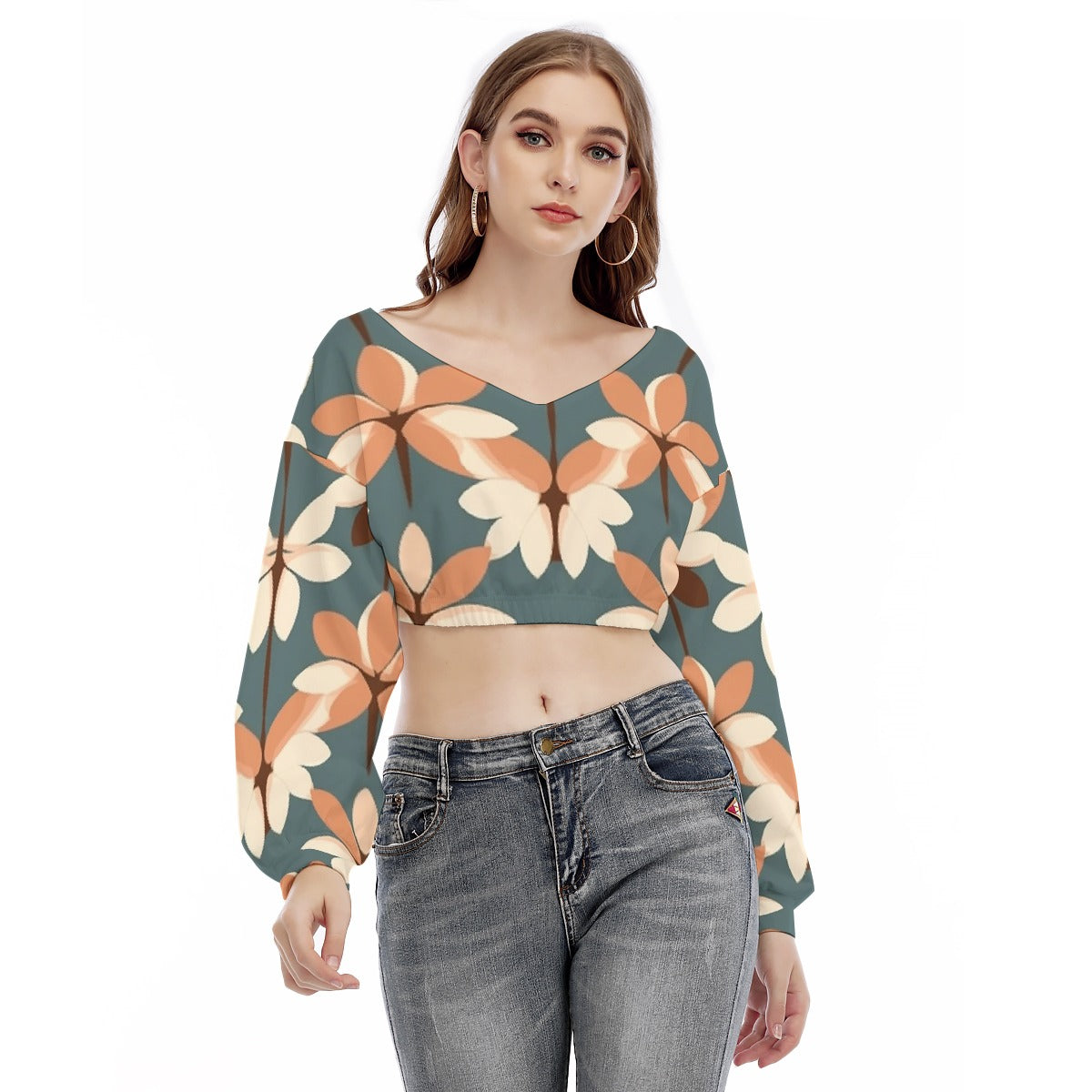 All-Over Print Women's V-neck Long Sleeve Cropped Sweatshirt