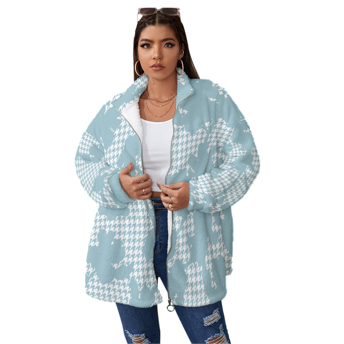 All-Over Print Unisex Borg Fleece Stand-up Collar Coat With Zipper Closure(Plus Size)