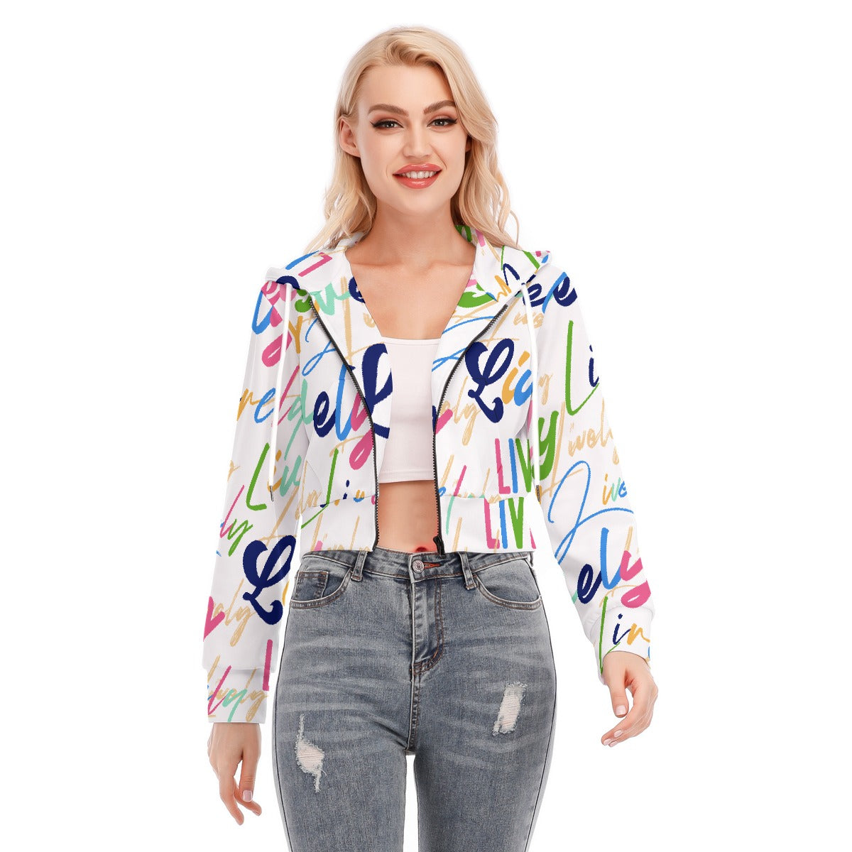 All-Over Print Women's Crop Top Hoodie With Zipper Closure