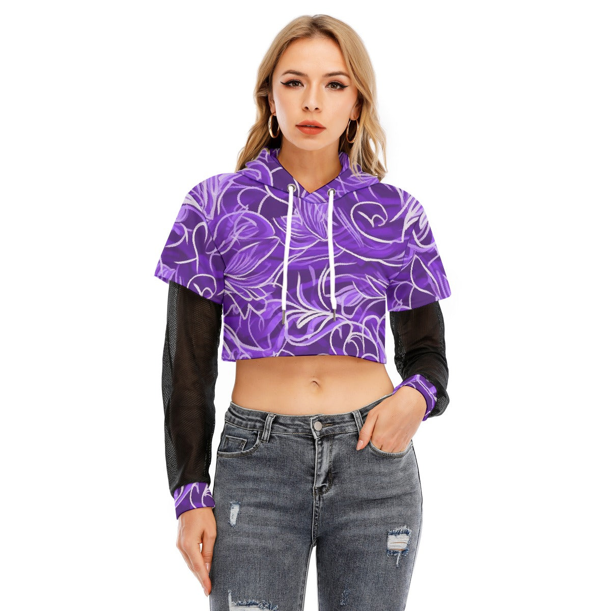 All-Over Print Women's Fake Two-piece Mesh Sleeve Cropped Hoodie