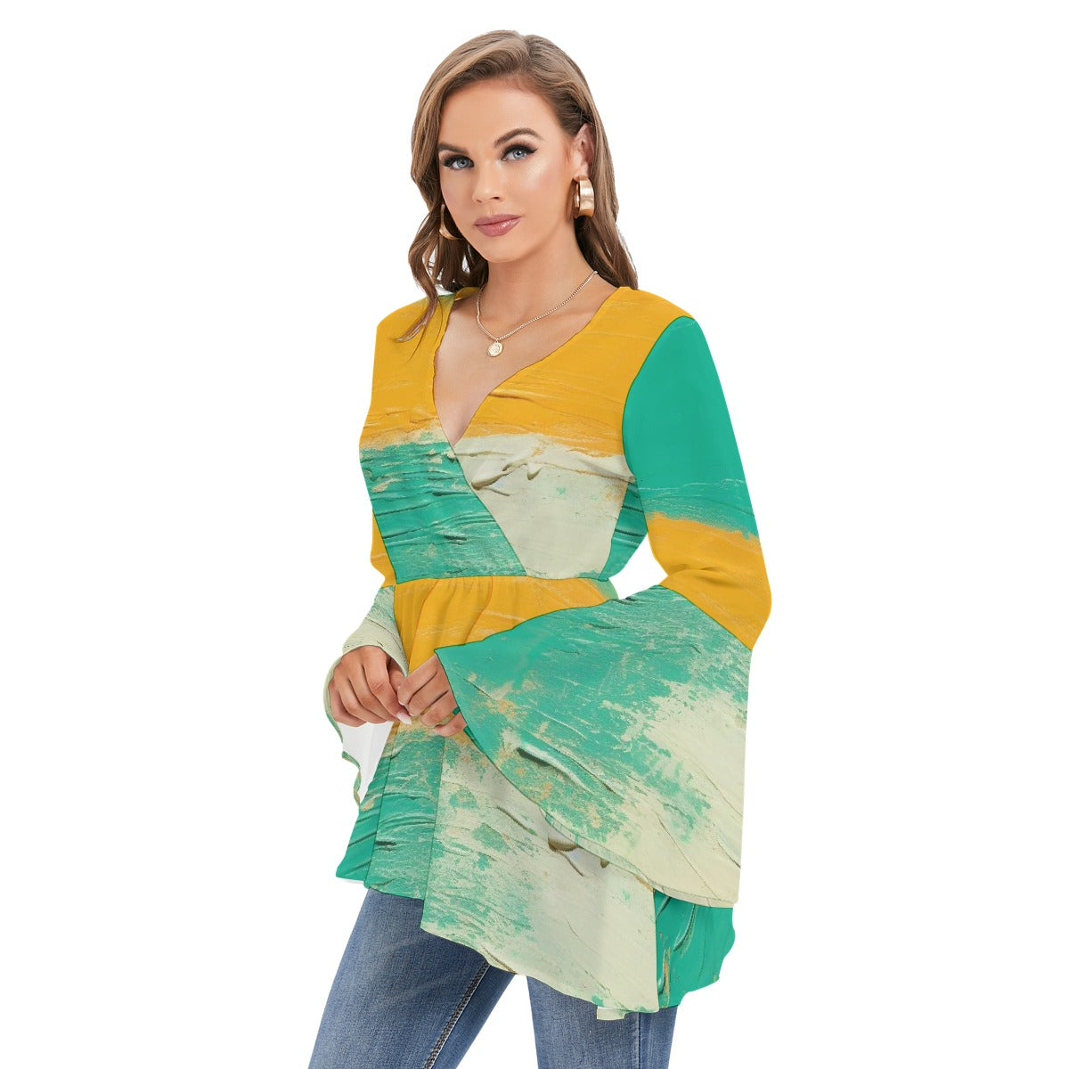 All-Over Print Women's V-neck Blouse With Flared Sleeves