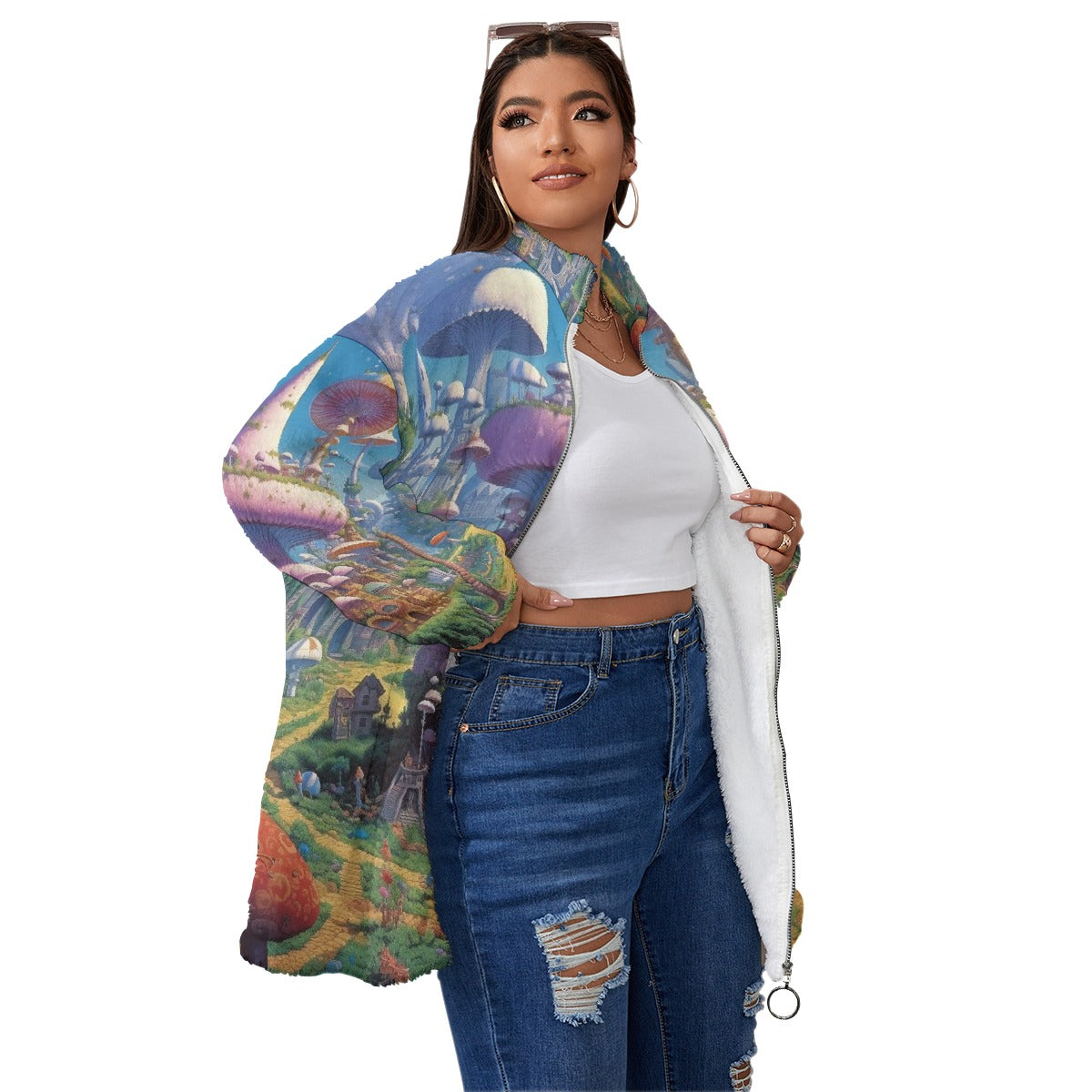 All-Over Print Unisex Borg Fleece Stand-up Collar Coat With Zipper Closure(Plus Size)