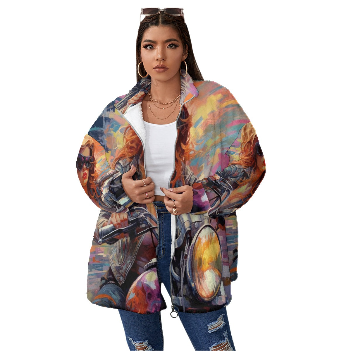 All-Over Print Unisex Borg Fleece Stand-up Collar Coat With Zipper Closure(Plus Size)