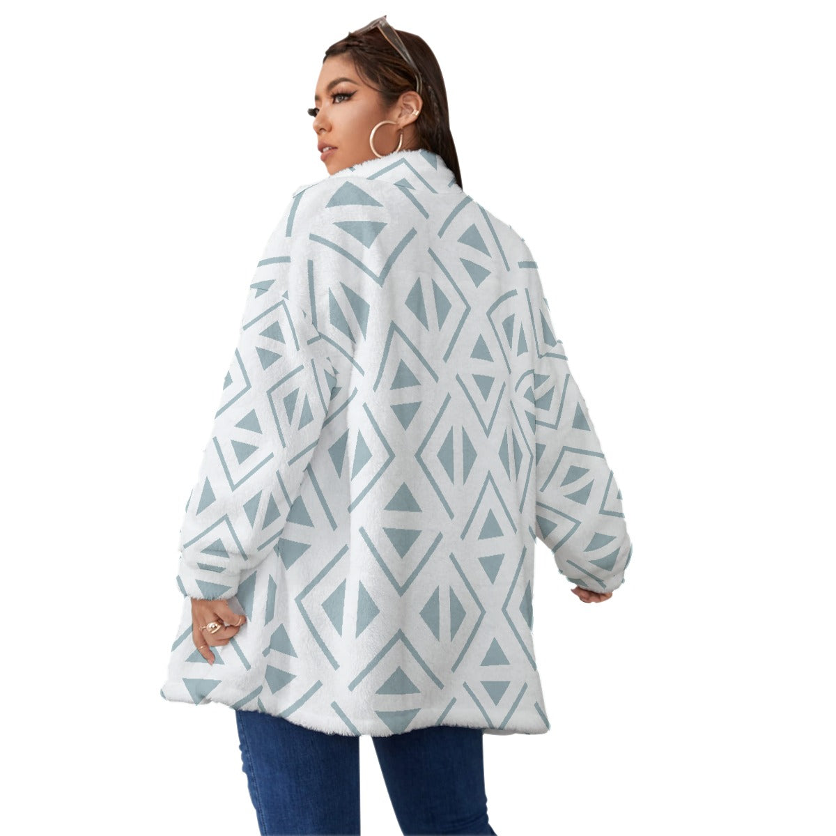 All-Over Print Unisex Borg Fleece Stand-up Collar Coat With Zipper Closure(Plus Size)
