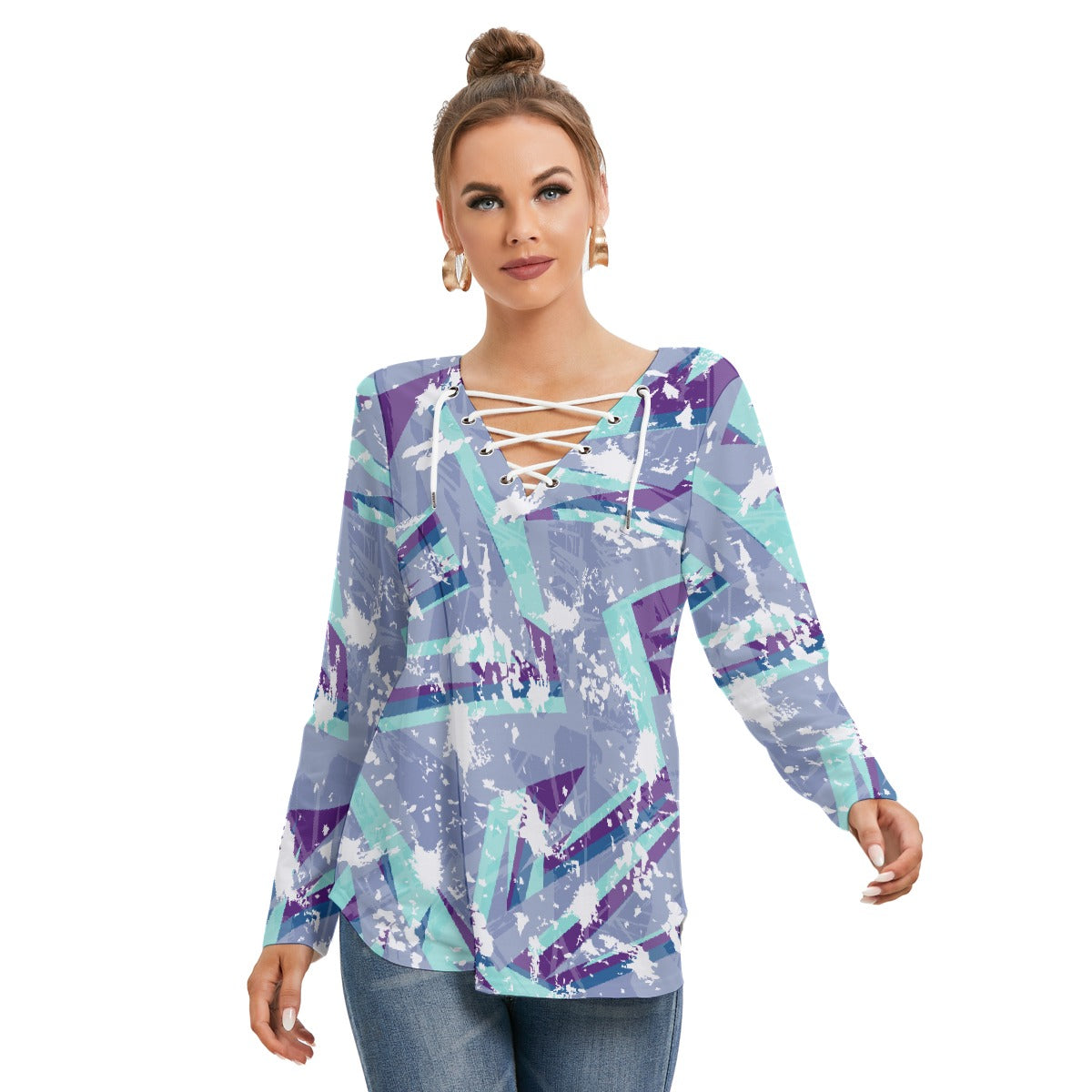 All-Over Print Women's Long Sleeve Neckline Tie Sweatshirt