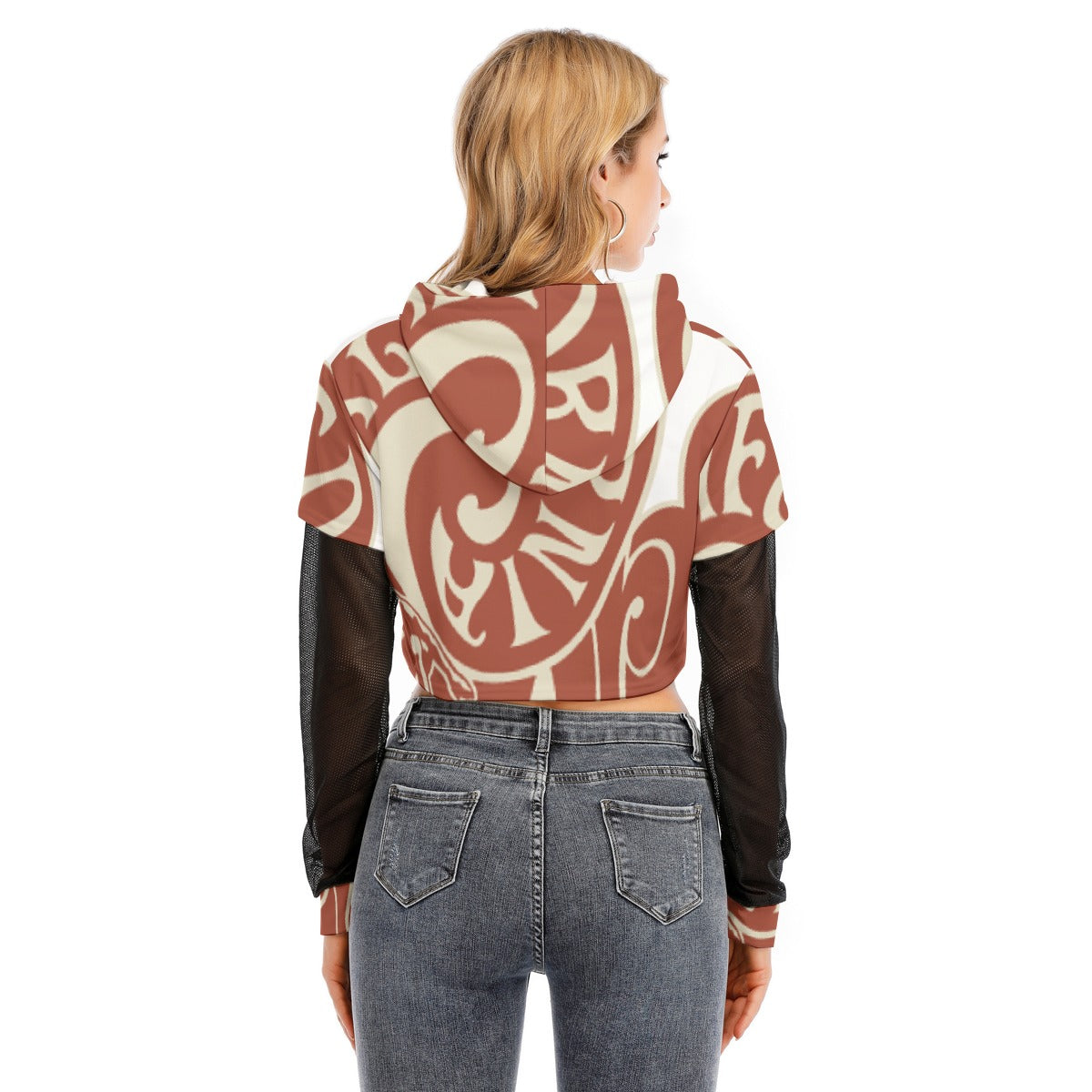 All-Over Print Women's Fake Two-piece Mesh Sleeve Cropped Hoodie
