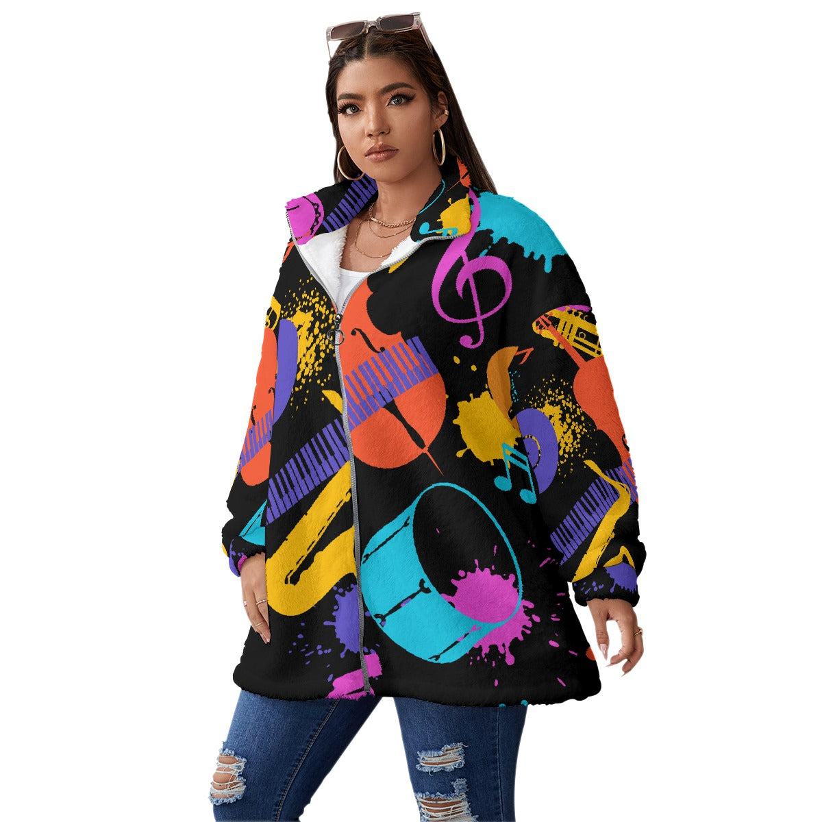 All-Over Print Unisex Borg Fleece Stand-up Collar Coat With Zipper Closure(Plus Size)