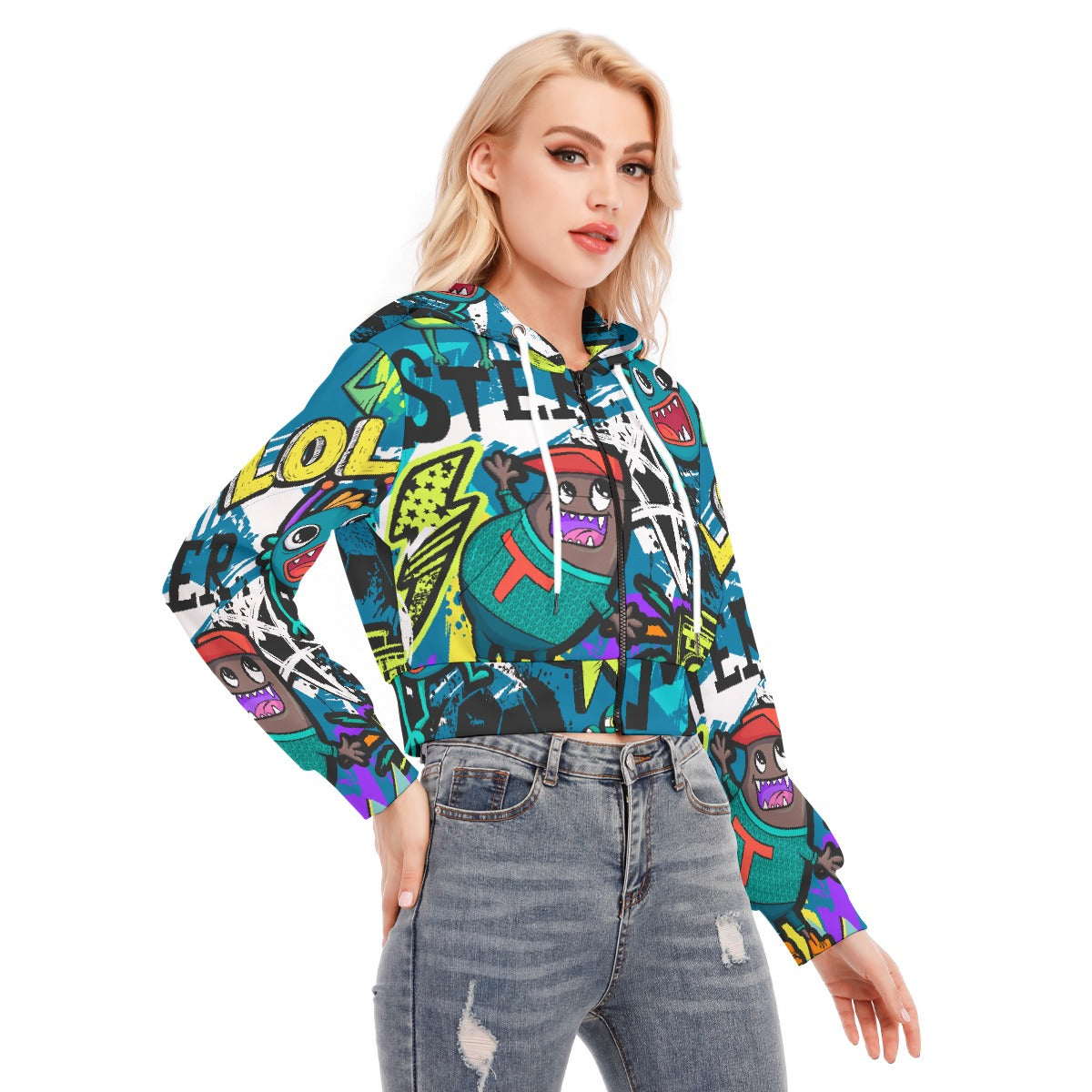 All-Over Print Women's Crop Top Hoodie With Zipper Closure