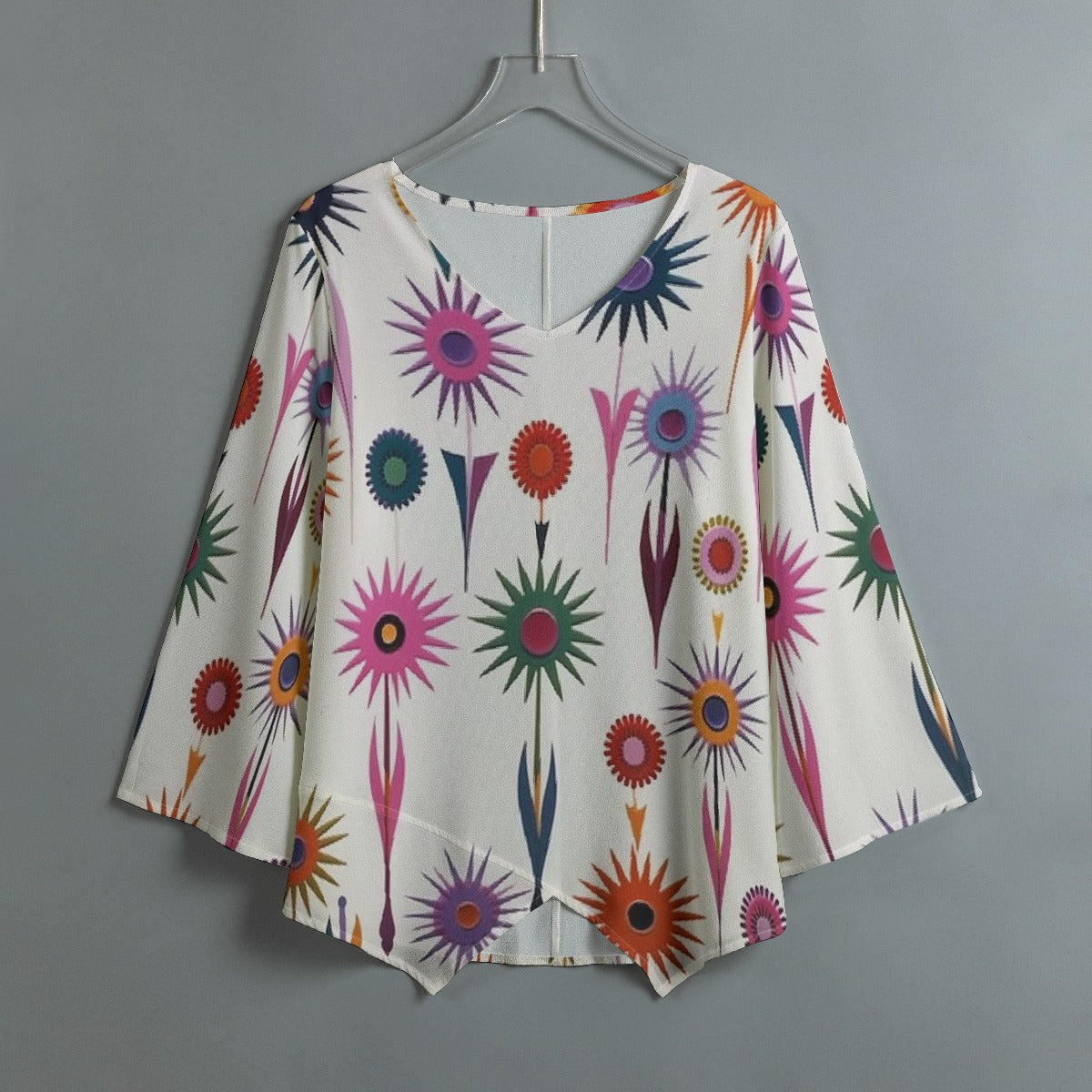 All-Over Print Women's V-neck T-shirt With Irregular Hem