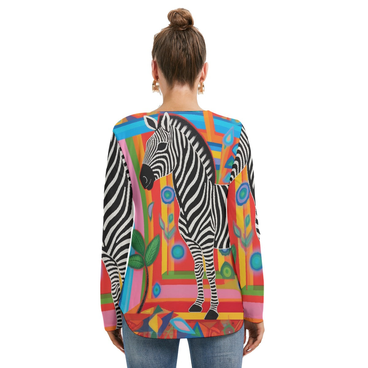 All-Over Print Women's Long Sleeve Neckline Tie Sweatshirt