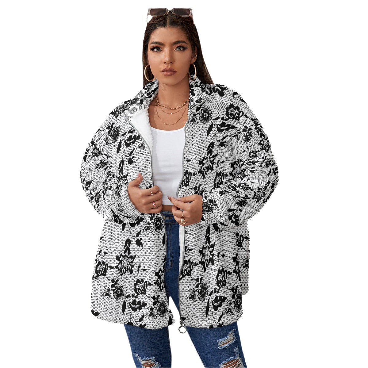 All-Over Print Unisex Borg Fleece Stand-up Collar Coat With Zipper Closure(Plus Size)